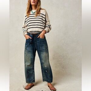 Free People We The Free Moxie Pull-On Barrel Style Distressed Jeans